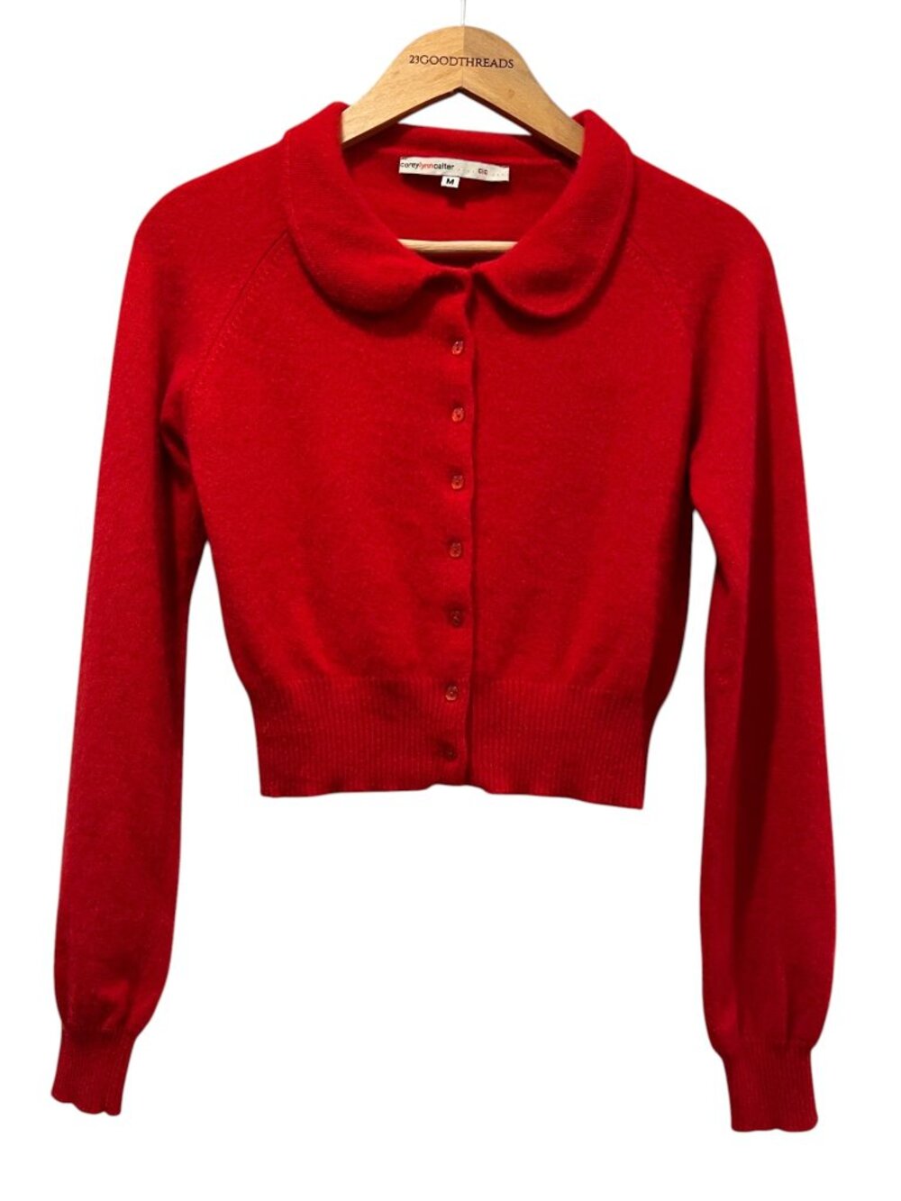 Corey Lynn Calter Peter Pan Collar Cashmere Cropped Cardigan, Red, M